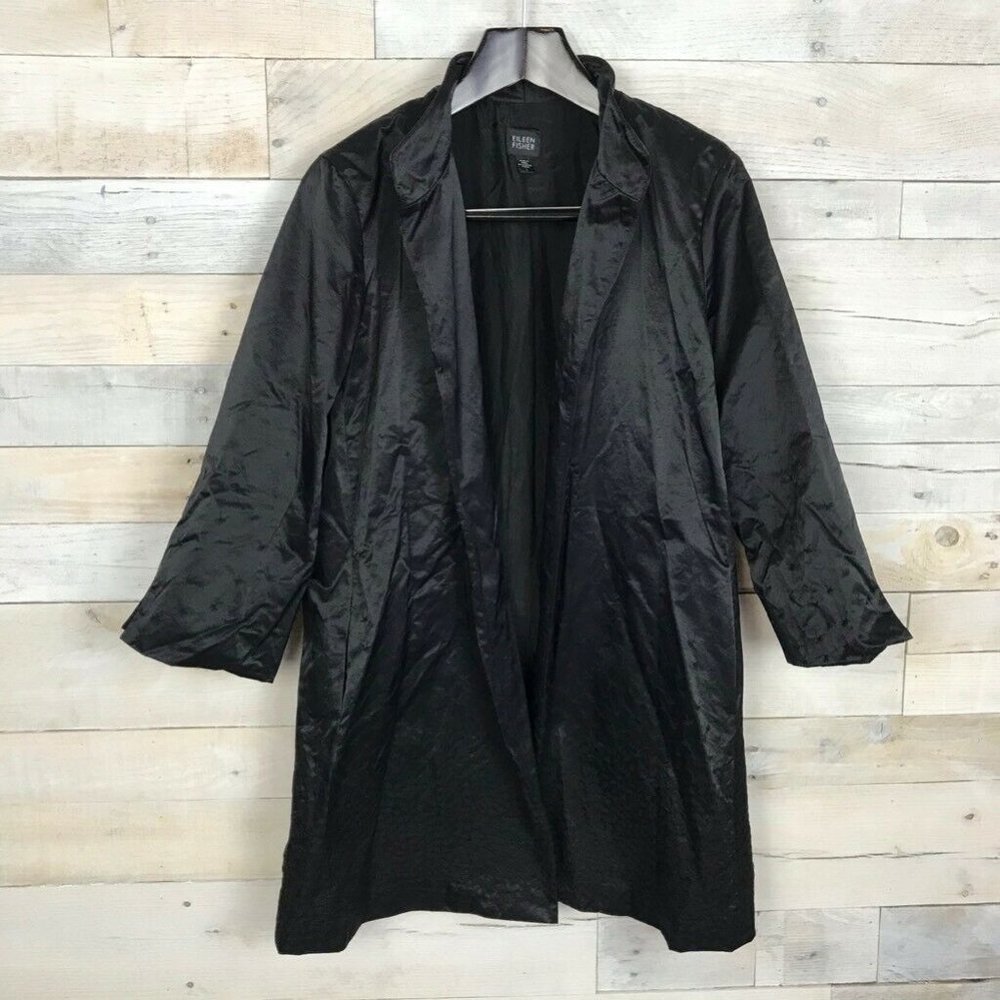Eileen Fisher Long Silk Jacket Black Coat, Large